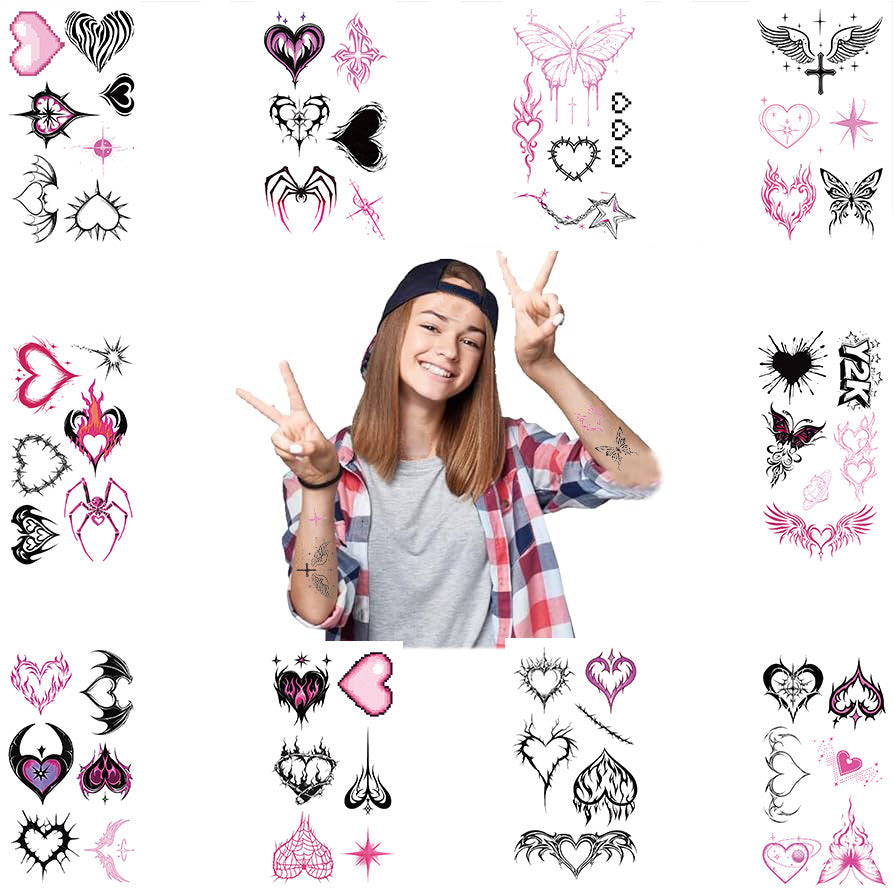 Wholesale Cartoon 10pcs/pack Y2K pink black love tattoo stickers waterproof holiday party children disposable tattoo stickers